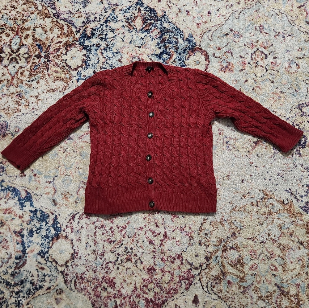 Talbots 100% Cotton Cable Knit Crew Neck Cardigan Warm Red Size LP
